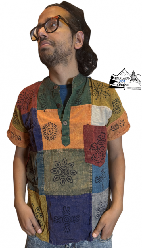multicolored-patchwork-unisex-cotton-kurta-with-spiritual-stamp-designs